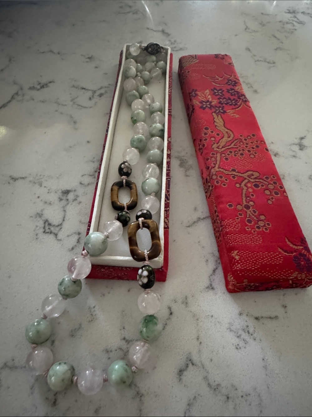 24” Jade & tiger’s eye Beaded vintage Statement Necklace - Elegant Gem 12” drop